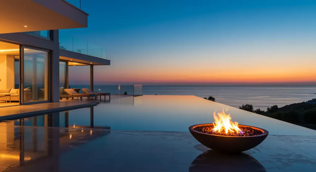 Feuerschale am Rand eines Infinity-Pools