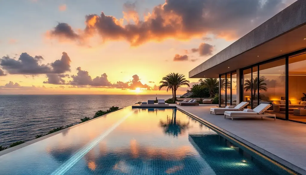 Infinity-Pool einer modernen Villa im Licht der goldenen Stunde