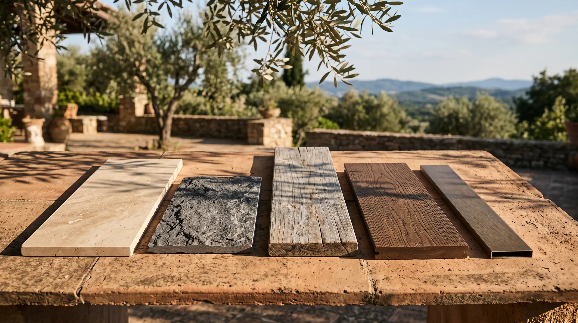 Muster aus Travertin, Basalt, Teak, Eiche und Bronze auf einem Terrassentisch