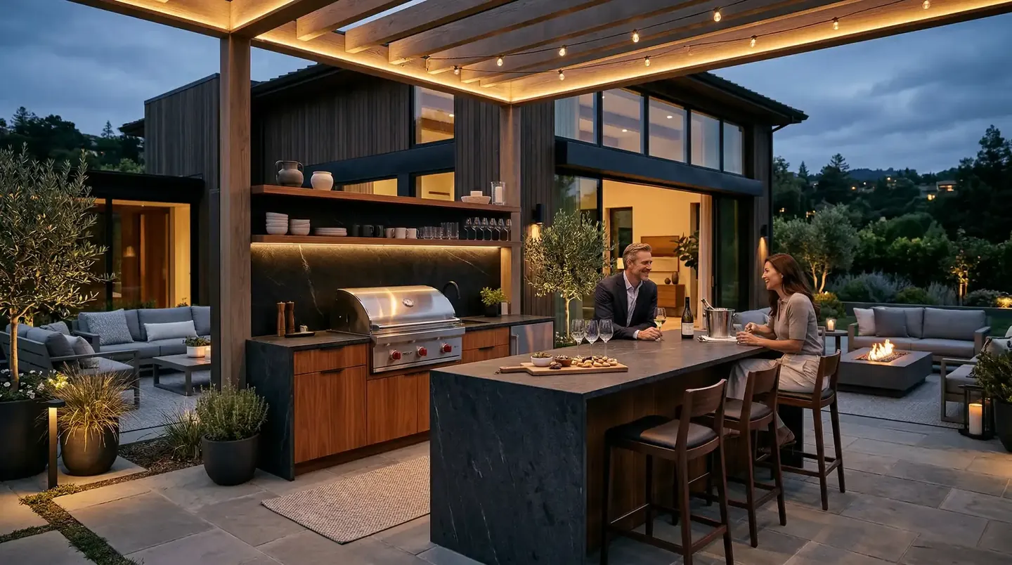 Kochinsel einer Outdoor-Küche mit Barhockern unter beleuchteter Pergola