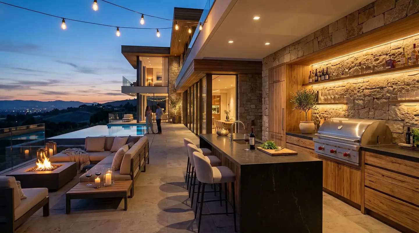 Outdoor-Küche mit Natursteinwand, Grill und Lounge am Pool