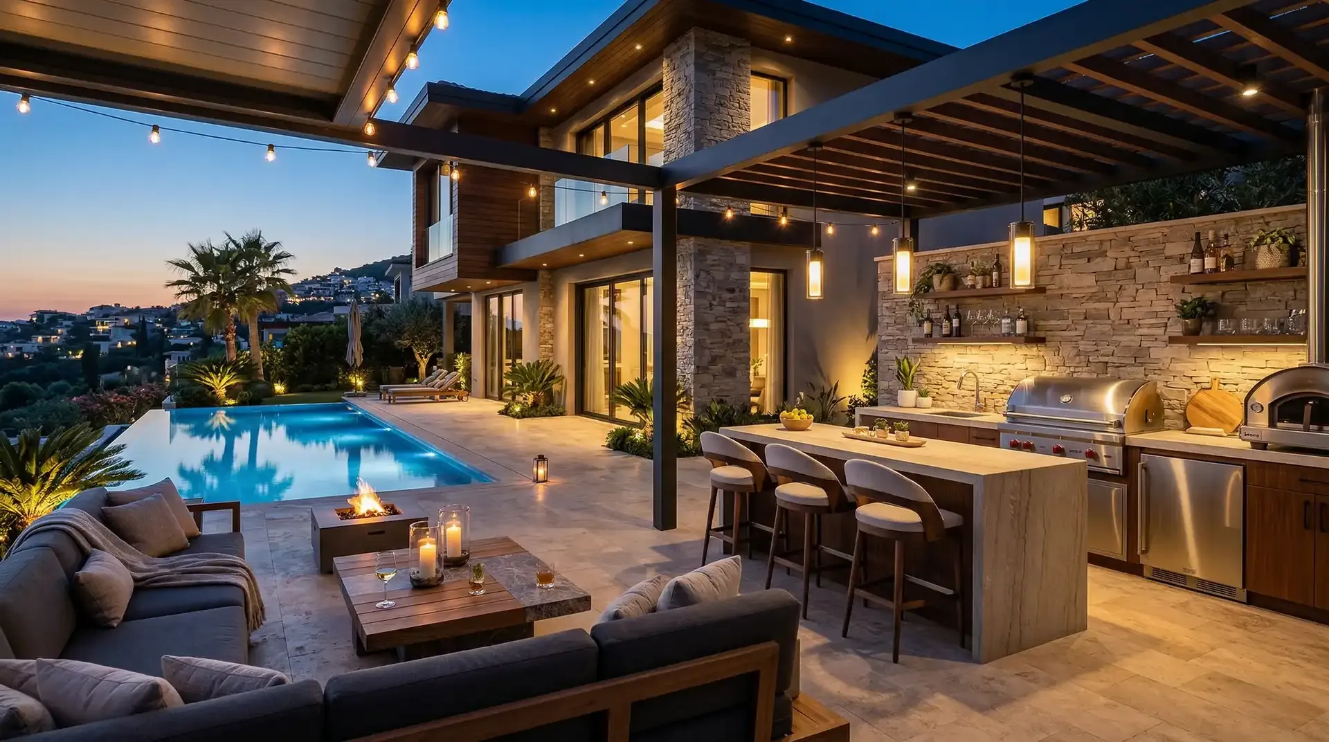 Outdoor-Küche unter einer Pergola mit Pool und Lounge am Abend