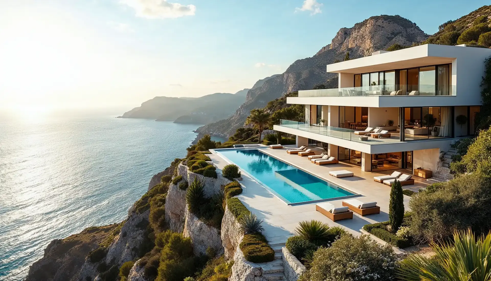 Weiße Villa mit Terrassen und Pool auf einer Klippe über dem Meer